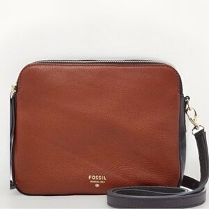 Fossil Tan and Black Leather Crossbody Bag